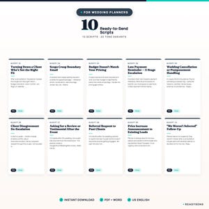 May include: A white graphic with text for wedding planners. The text includes "10 Ready-to-Send Scripts" and script titles like "Turning Down a Client" and "Wedding Cancellation." The graphic also includes "Instant Download" and "PDF + Word" options.