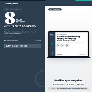 Puede incluir: Un gráfico de marketing digital para organizadores de bodas. El gráfico presenta el texto "8 correos electrónicos listos para enviar que convierten". Una computadora portátil muestra el texto "Event Planner Wedding Inquiry To Booking Email Sequence Pack."