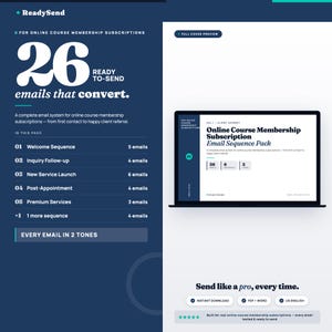 Puede incluir: Gráfico de marketing digital azul y blanco con el texto "26 correos electrónicos que convierten" y "Paquete de secuencia de correo electrónico de suscripción de membresía de curso en línea". El diseño promueve un sistema de correo electrónico para suscripciones de cursos en línea.