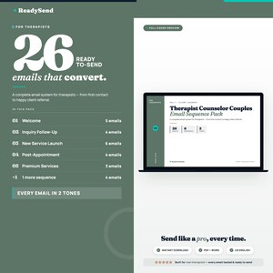 Op de afbeelding: Een digitale marketingafbeelding voor therapeuten, met de tekst "26 e-mails die converteren". Het ontwerp bevat een laptopscherm met een e-mailsequentiepakket, met een groen en wit kleurenschema. De tekst benadrukt de productkenmerken.