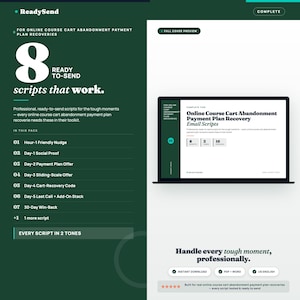 Könnte beinhalten: Dunkelgrüne Grafik mit dem ReadySend-Logo und Text. Der Text hebt 8 sofort einsatzbereite Skripte zur Wiederherstellung von Online-Kurs-Warenkorbabbrüchen hervor. Ein Laptop zeigt die E-Mail-Skripte an. Der Text enthält auch eine Liste der Skripte.