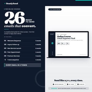 May include: A digital marketing graphic for online courses. The image features the text "26 emails that convert" and a laptop displaying an "Online Course Email Sequence Pack." The design includes a list of email sequences and a call to action.