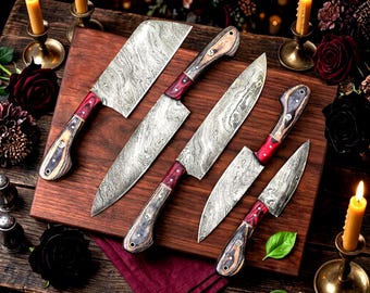 Hand Forged Damascus Steel Chef Knife Set, Kitchen Knives | Chef Knive Set, Handmade 5 Pcs Luxury Damasuc Knife Gift for him, Gifts for her