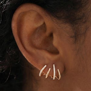 14K Gold Dainty Multi Pave Hoops, Simple Basic Everyday Earrings, CZ Triple Curve Stud Earrings, Gold Hoop Earring, Mothers Day Gift for Mom