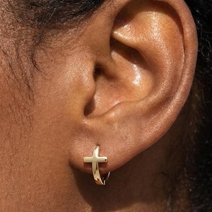 14k Gold Plated Tiny Cross Huggie Hoop, Gold Cross Earrings, Mini Religious Earrings, Tiny Cross Huggie, Everyday Earrings, Wedding Earrings