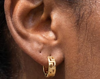 14K Gold Greek Key Hoop Earrings, Greek Key Pattern Huggie Hoop Earrings, Greek Style Earrings, Dainty Greek Hoops, Wedding Earrings