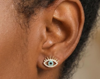 14K Gold Plated Evil Eye Stud Earrings, Dainty Evil Eye Gemstone Earrings, Evil Eye Studs, Gold Eye Earrings, Wedding Earrings