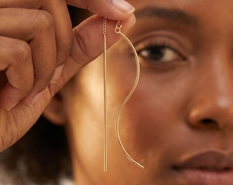 14K Gold Plated Wave Threader Long Drop Bar Earrings, Spiral Threader Earrings, Wave Threader Earrings, Everyday Earrings, Wedding Earrings