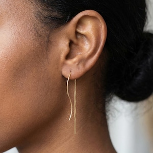 14K Gold Wave Threader Long Drop Bar Earrings, Spiral Threader Earrings, Wave Threader Earrings, Christmas Gifts, Mothers Day Gift for Mom