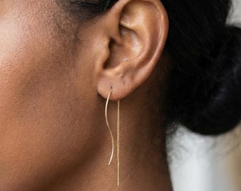 14K Gold Wave Threader Long Drop Bar Earrings, Spiral Threader Earrings, Wave Threader Earrings, Christmas Gifts, Mothers Day Gift for Mom