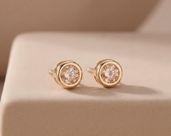 Gold Plated Round Champagne Stud Earrings, Round Champagne Earrings in Gold, Champagne Stone Earrings, Everyday Earrings, Wedding Earrings