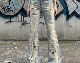 Low Rise Flared Jeans | Ripped Grunge Denim Pants | Y2K Harajuku Style | Streetwear Trend