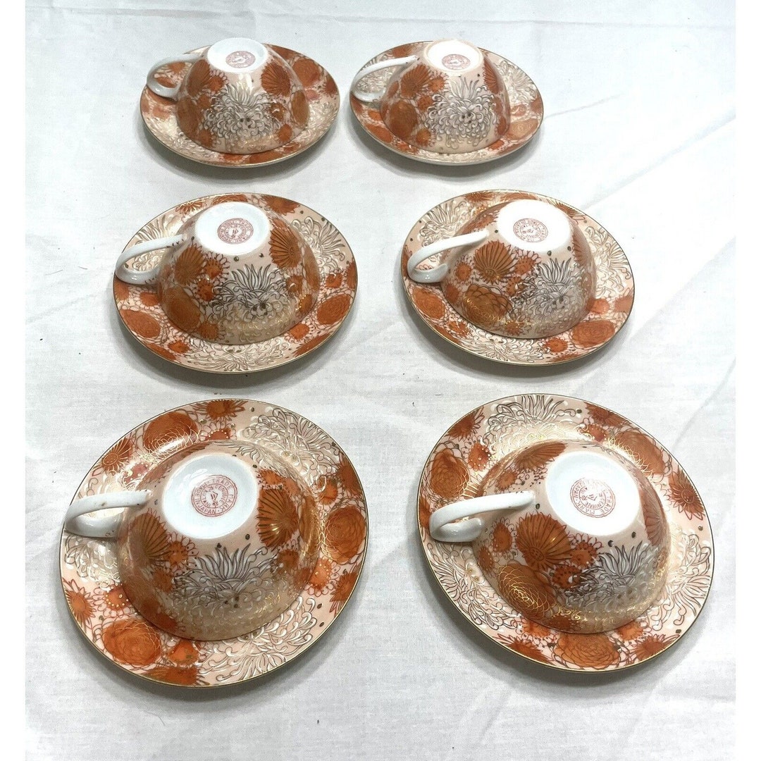 Antique Japanese Genuine Kutani Lotus Porcelain Cups and Saucers Marked