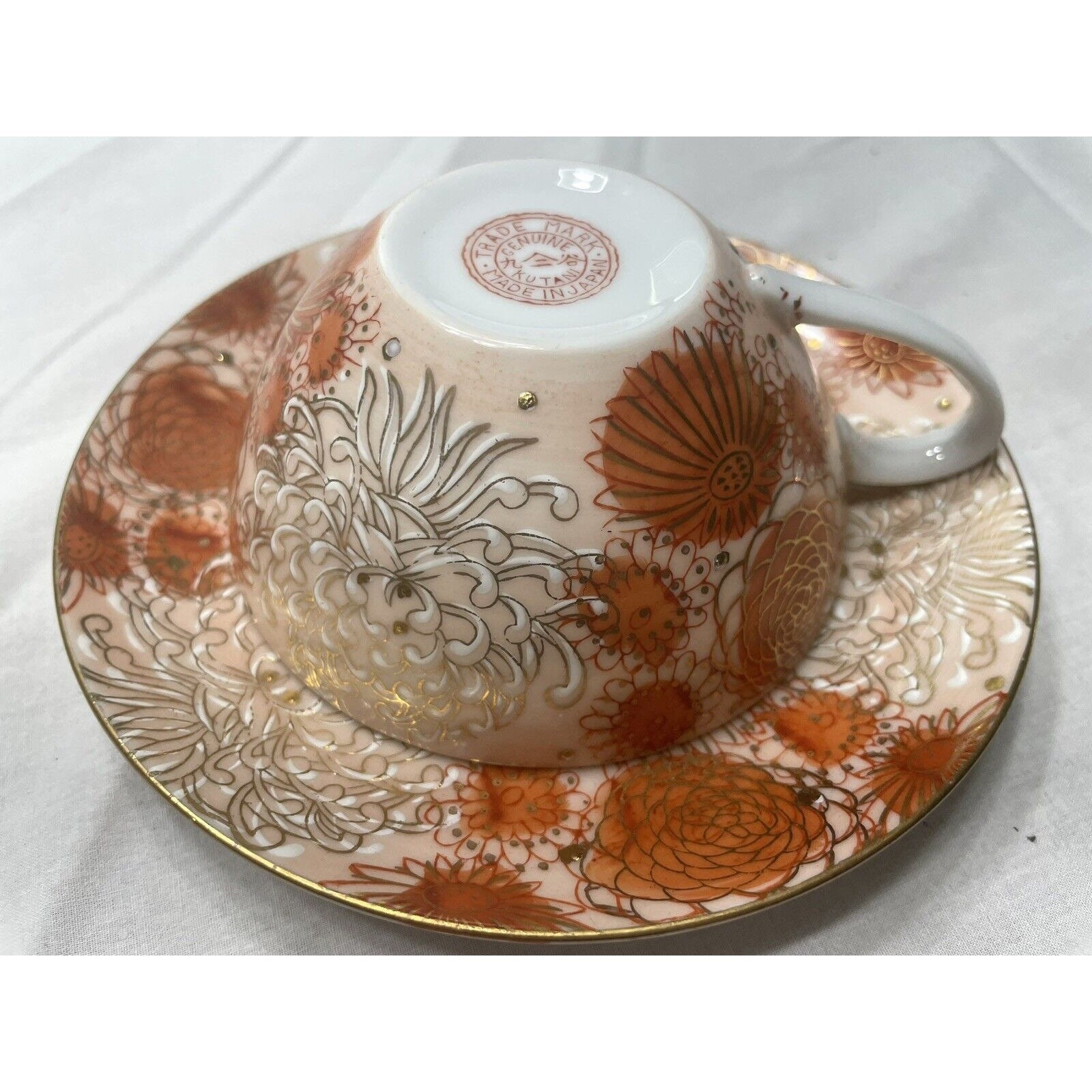 Antique Japanese Genuine Kutani Lotus Porcelain Cups and Saucers Marked