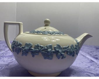 Wedgwood embossed queensware teapot white trim on blue England