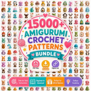 Op de afbeelding: Een digitale collectie van 15000+ amigurumi haakpatronen met een centrale afbeelding met de tekst 15000+ AMIGURUMI CROCHET PATTERNS BUNDLE, omringd door een raster van diverse kleine, gehaakte dieren- en voedselfiguren.