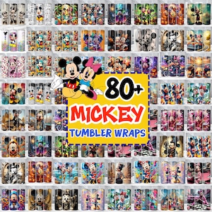 May include: A collection of over 80 Mickey Mouse-themed tumbler wraps. The wraps feature various designs, including Mickey and Minnie Mouse, and other Disney characters. The image includes the text "80+ MICKEY TUMBLER WRAPS".