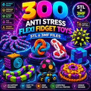 Op de afbeelding: Een digitale collectie van 300 anti-stress flexi fidget toys met diverse 3D-geprinte ontwerpen, waaronder een paarse octopus, een bol met stekels, een kubus, een ketting en een tandwielachtig object, gepresenteerd met tekstlabels.