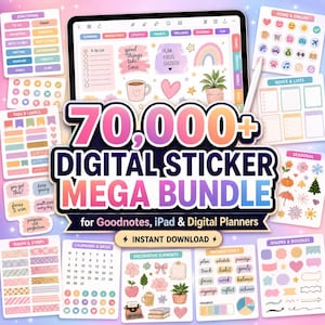 Puede incluir: Un mega paquete de pegatinas digitales para Goodnotes, iPad y planificadores digitales con más de 70.000 elementos. La colección incluye pestañas, etiquetas, iconos, emojis, calendarios, fechas, elementos decorativos y formas en tonos pastel.