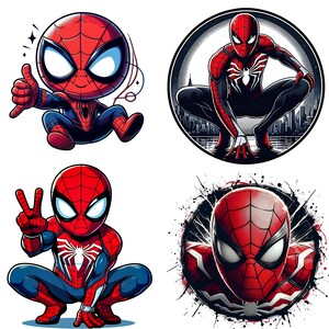 Pode incluir: Quatro ilustra&ccedil;&otilde;es do Homem-Aranha em v&aacute;rias poses. Uma mostra um chibi Homem-Aranha dando um joinha. Outra retrata o Homem-Aranha agachado em uma silhueta da cidade. A terceira mostra o Homem-Aranha fazendo um sinal de paz. A &uacute;ltima &eacute; um close-up da m&aacute;scara do Homem-Aranha.