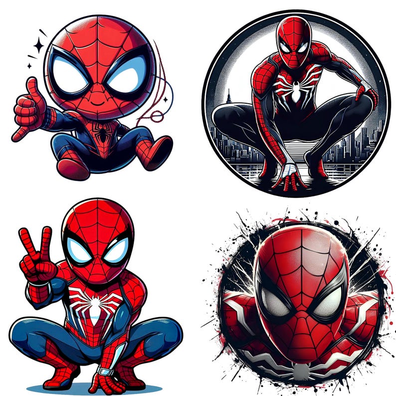 Pode incluir: Quatro ilustra&ccedil;&otilde;es do Homem-Aranha em v&aacute;rias poses. Uma mostra um chibi Homem-Aranha dando um joinha. Outra retrata o Homem-Aranha agachado em uma silhueta da cidade. A terceira mostra o Homem-Aranha fazendo um sinal de paz. A &uacute;ltima &eacute; um close-up da m&aacute;scara do Homem-Aranha.