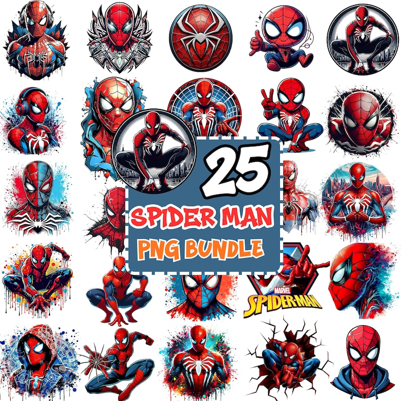 Pode incluir: Um conjunto de 25 imagens PNG do Homem-Aranha, mostrando o personagem em v&aacute;rias poses e estilos art&iacute;sticos. As imagens apresentam predominantemente o cl&aacute;ssico traje vermelho e azul, com alguns incluindo o logotipo da Marvel. O texto "SPIDER MAN PNG BUNDLE" &eacute; vis&iacute;vel.