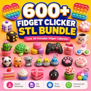 May include: A digital collection of 600+ 3D printable fidget clicker STL files featuring various shapes including hearts, animals, food items, game controllers, and keychains. The image displays colourful plastic-like models on a pink background.