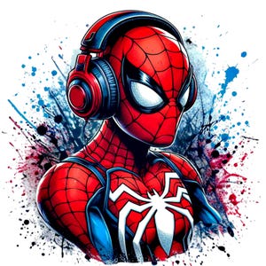 Pode incluir: Ilustra&ccedil;&atilde;o digital do Homem-Aranha usando fones de ouvido vermelhos e azuis. O super-her&oacute;i est&aacute; em seu traje cl&aacute;ssico vermelho e azul com um emblema de aranha branco no peito. O fundo apresenta respingos de tinta azul, vermelha e preta.