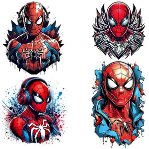 Pode incluir: Quatro ilustra&ccedil;&otilde;es do Homem-Aranha em estilo de banda desenhada. Cada imagem apresenta o Homem-Aranha com seu traje vermelho e azul, com varia&ccedil;&otilde;es no design e no fundo. Uma imagem mostra o Homem-Aranha com fones de ouvido.
