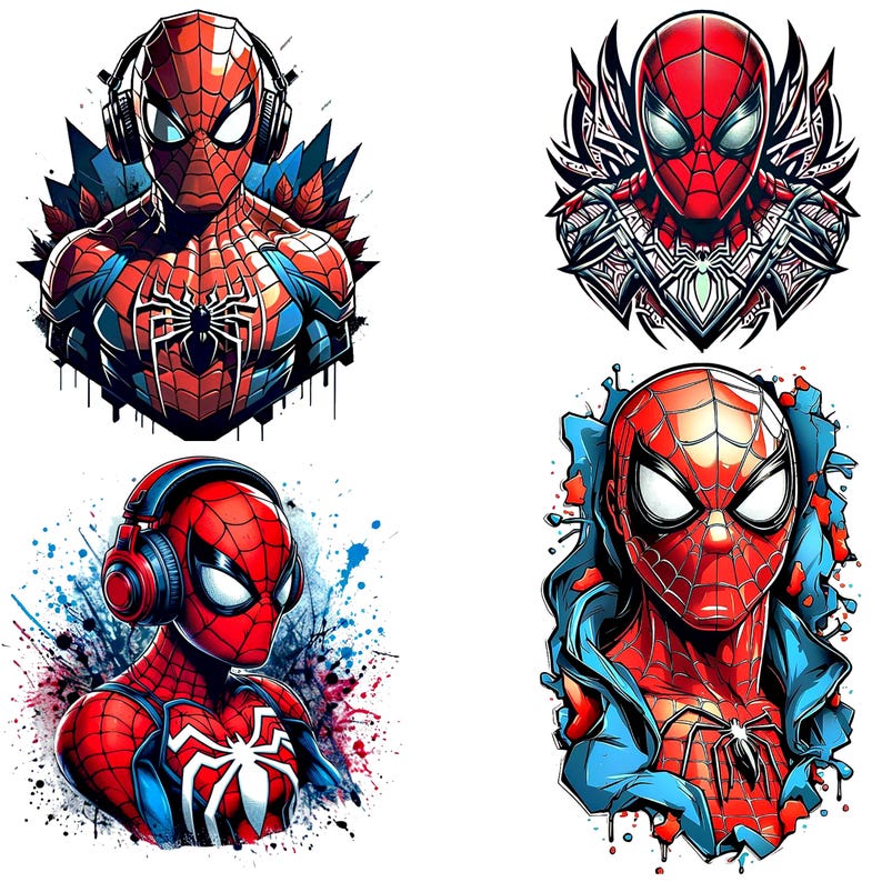 Pode incluir: Quatro ilustra&ccedil;&otilde;es do Homem-Aranha em estilo de banda desenhada. Cada imagem apresenta o Homem-Aranha com seu traje vermelho e azul, com varia&ccedil;&otilde;es no design e no fundo. Uma imagem mostra o Homem-Aranha com fones de ouvido.