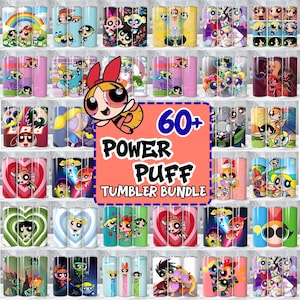 Puede incluir: Una colección de más de 60 vasos con temática de Las Supernenas. Los vasos presentan varios diseños con los personajes de dibujos animados, incluyendo a Pétalo, Burbuja y Cactus, en colores vibrantes. Se muestra el texto "POWER PUFF TUMBLER BUNDLE".