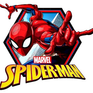 Pode incluir: Ilustra&ccedil;&atilde;o din&acirc;mica do Homem-Aranha em um traje vermelho e azul, ambientada em um cen&aacute;rio urbano dentro de uma moldura hexagonal. O logotipo da Marvel e as palavras "Spider-Man" s&atilde;o exibidos em amarelo.