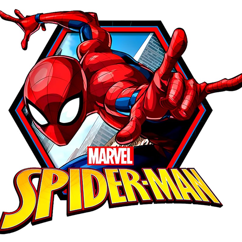 Pode incluir: Ilustra&ccedil;&atilde;o din&acirc;mica do Homem-Aranha em um traje vermelho e azul, ambientada em um cen&aacute;rio urbano dentro de uma moldura hexagonal. O logotipo da Marvel e as palavras "Spider-Man" s&atilde;o exibidos em amarelo.