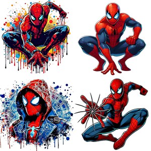 Pode incluir: Quatro ilustra&ccedil;&otilde;es do Homem-Aranha em v&aacute;rias poses de a&ccedil;&atilde;o. As imagens apresentam o Homem-Aranha em seu traje cl&aacute;ssico vermelho e azul, com poses din&acirc;micas e estilos art&iacute;sticos, incluindo um design em estilo grafite e uma vers&atilde;o com capuz.