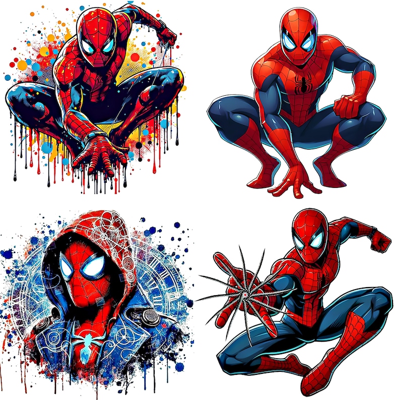 Pode incluir: Quatro ilustra&ccedil;&otilde;es do Homem-Aranha em v&aacute;rias poses de a&ccedil;&atilde;o. As imagens apresentam o Homem-Aranha em seu traje cl&aacute;ssico vermelho e azul, com poses din&acirc;micas e estilos art&iacute;sticos, incluindo um design em estilo grafite e uma vers&atilde;o com capuz.