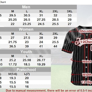 May include: Baseball jersey size chart with measurements in inches for men, women, youth, and preschool sizes. A black and white pinstripe baseball jersey is shown with areas labeled: shoulder, 1/2 chest, waist, width, 1/2 hip, and length.