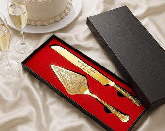 Personalisierte Hochzeitstorte Messer und Tortenheber Set | Gold oder Silber eingravierte Namen & Datum | Brautparty Geschenk | Rustikales Blumenmuster