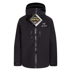 May include: Black Arc'teryx Gore-Tex jacket with a hood and multiple zipped pockets. The jacket features the Gore-Tex and Arc'teryx logos. The jacket has a full-length zip and adjustable cuffs. A tag with the Gore-Tex logo is attached.