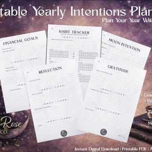 Puede incluir: Planificador de Intenciones Anuales imprimible con páginas para objetivos financieros, seguimiento de hábitos, intenciones lunares, reflexión y gratitud. Descarga digital instantánea en PDF.