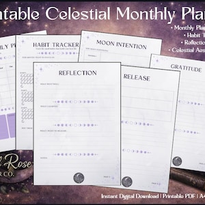 Puede incluir: Un conjunto de páginas imprimibles de planificador mensual celestial. Las páginas incluyen un planificador mensual, un rastreador de hábitos, una intención lunar, reflexión, liberación y secciones de gratitud. El diseño presenta una estética celestial con acentos morados.