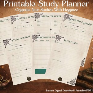 Könnte beinhalten: Druckbarer Studienplaner mit Wochen-, Monats- und Semesterlayouts. Enthält Studien-Tracker, Aufgaben-Tracker und Reflexionsseiten. Das Design zeigt dekorative Eckakzente und den Text "Organise Your Studies With Elegance."
