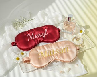 Personalized Satin Sleep Mask & Scrunchie Set: Custom Embroidery, Rhinestone Detail