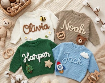 Personalized Family Knit Sweater Set, Custom Crochet Name Matching Sweaters, Handmade Mommy & Me Jumper, Neutral Aesthetic Parent Child Gift