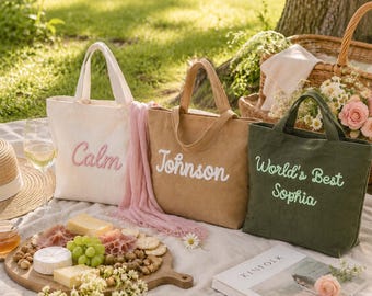 Personalized Cord Embroidery Tote Bag, Custom Name Canvas Makeup Bag, Rope Embroidered Pouch, Gift for Her, Bridesmaid Gift