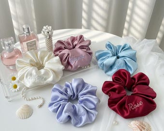 Personalized Silky Scrunchie with Name, Custom Embroidered Hair Tie, Satin Feel Scrunchie, Bridesmaid Gift, Birthday Gift for Her