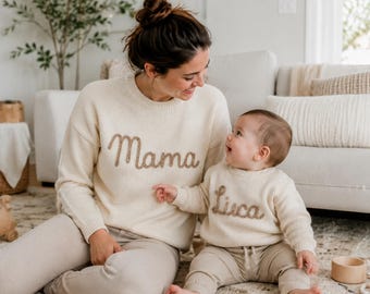Suéter de ganchillo personalizado con nombre, suéter de punto con bordado de cuerda personalizado, jersey hecho a mano para bebé y niño pequeño, regalo para niños con estética neutra