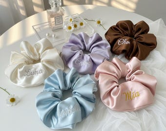 Personalized Embroidered Satin Scrunchie, Custom Name Hair Tie, Silk Feel Accessory