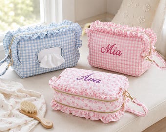 Pochette à lingettes à carreaux personnalisée avec nom brodé, organiseur de voyage matelassé à volants