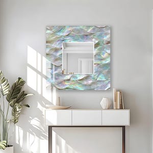 Schillernder Perlentextur Glasspiegel, moderne Muschel inspiriert, Küstendekor, quadratischer Kosmetikspiegel