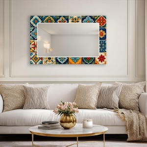 Tempered Glass Mirror Colorful Turkish Tile Frame, Moroccan Tile Vanity , Mediterranean wall Decor